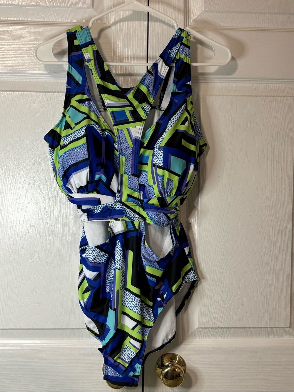 Monti C. Blue & Green Geometric One-Piece Swim Suit Sz 14W New